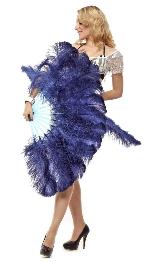 2 layers navy Ostrich Feather Fan 30"x 54" with leather travel Bag.