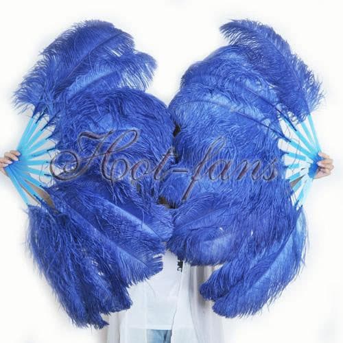 A pair navy Single layer Ostrich Feather fan 24"x 41" with leather travel Bag.