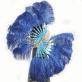 Load image into Gallery viewer, A pair navy Single layer Ostrich Feather fan 24"x 41" with leather travel Bag.
