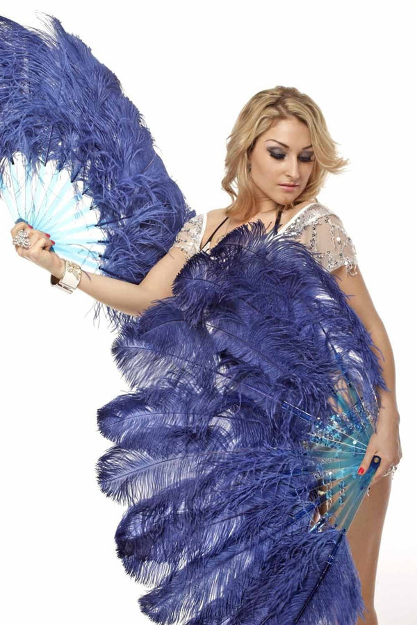 2 layers navy Ostrich Feather Fan 30"x 54" with leather travel Bag.