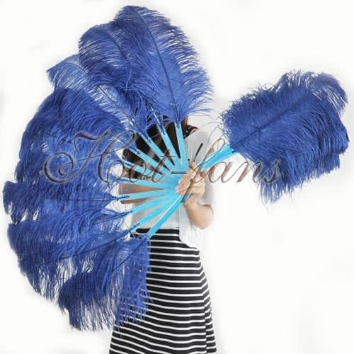 A pair navy Single layer Ostrich Feather fan 24"x 41" with leather travel Bag.