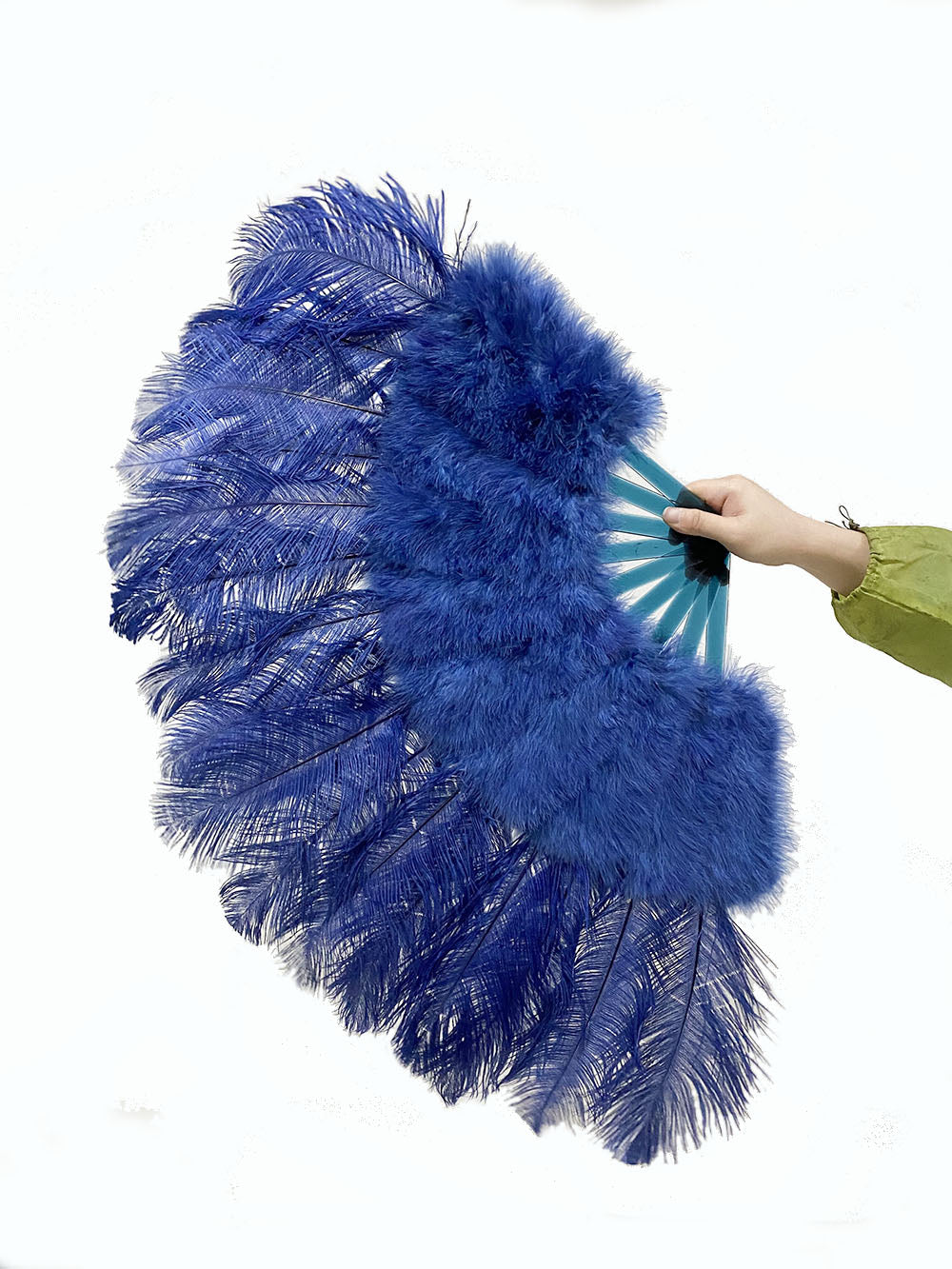 Navy Marabou Ostrich Feather fan 21"x 38" with Travel leather Bag.