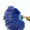 Abanico de plumas de avestruz de marabú azul marino de 21&quot;x 38&quot; con bolsa de viaje de cuero.