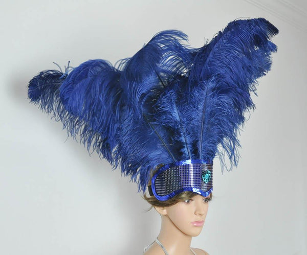 ネイビーのショーガール オープンフェイス ダチョウの羽のヘッドドレス。