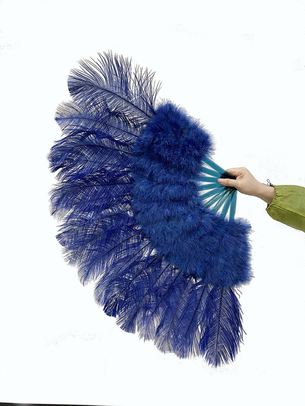 Navy Marabou Ostrich Feather fan 21"x 38" with Travel leather Bag.