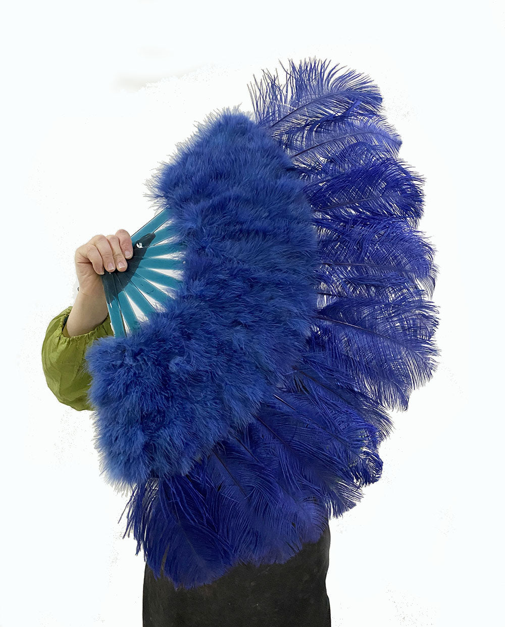 Navy Marabou Ostrich Feather fan 21"x 38" with Travel leather Bag.