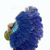 Abanico de plumas de avestruz de marabú azul marino de 21&quot;x 38&quot; con bolsa de viaje de cuero.