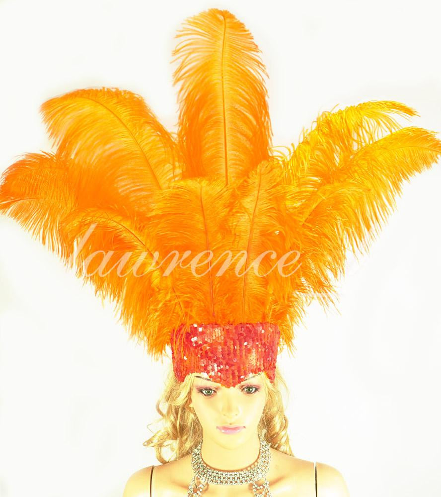 Orange Showgirl Open Face Ostrich feather Headdress.