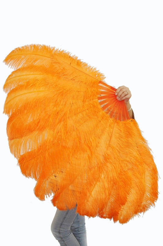 XL 2 Layers orange Ostrich Feather Fan 34''x 60'' with Travel leather Bag.