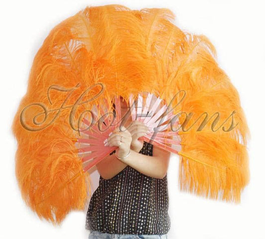 A pair orange Single layer Ostrich Feather fan 24"x 41" with leather travel Bag.