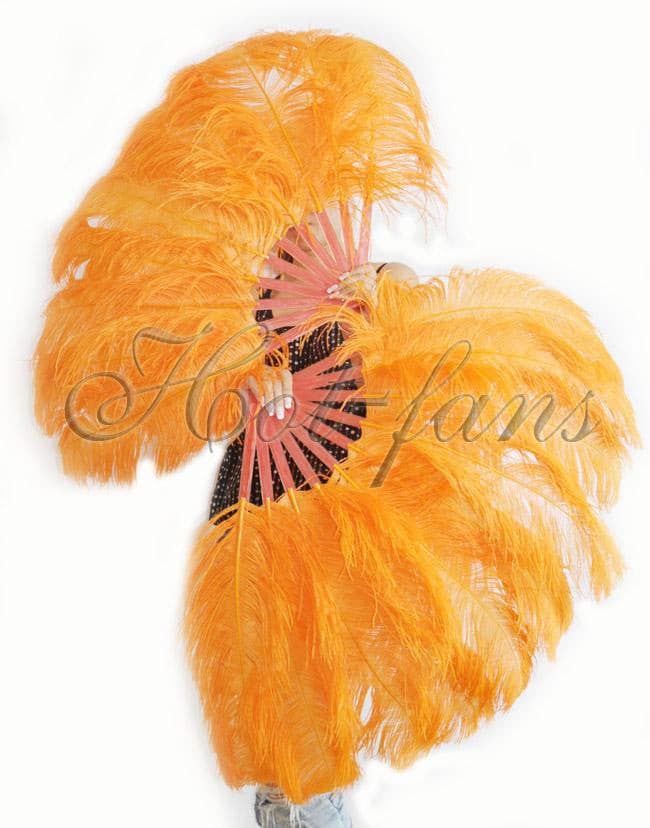 A pair orange Single layer Ostrich Feather fan 24"x 41" with leather travel Bag.