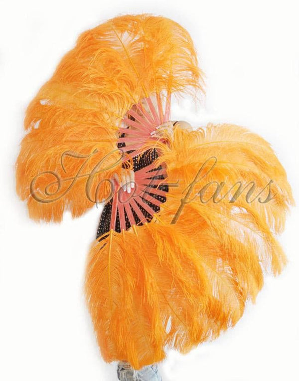 A pair orange Single layer Ostrich Feather fan 24