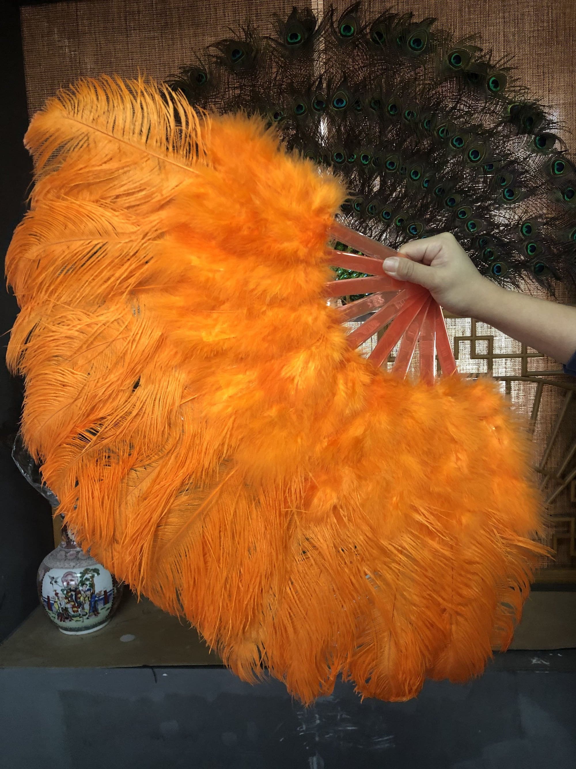 Orange Marabou Ostrich Feather fan 21"x 38" with Travel leather Bag.