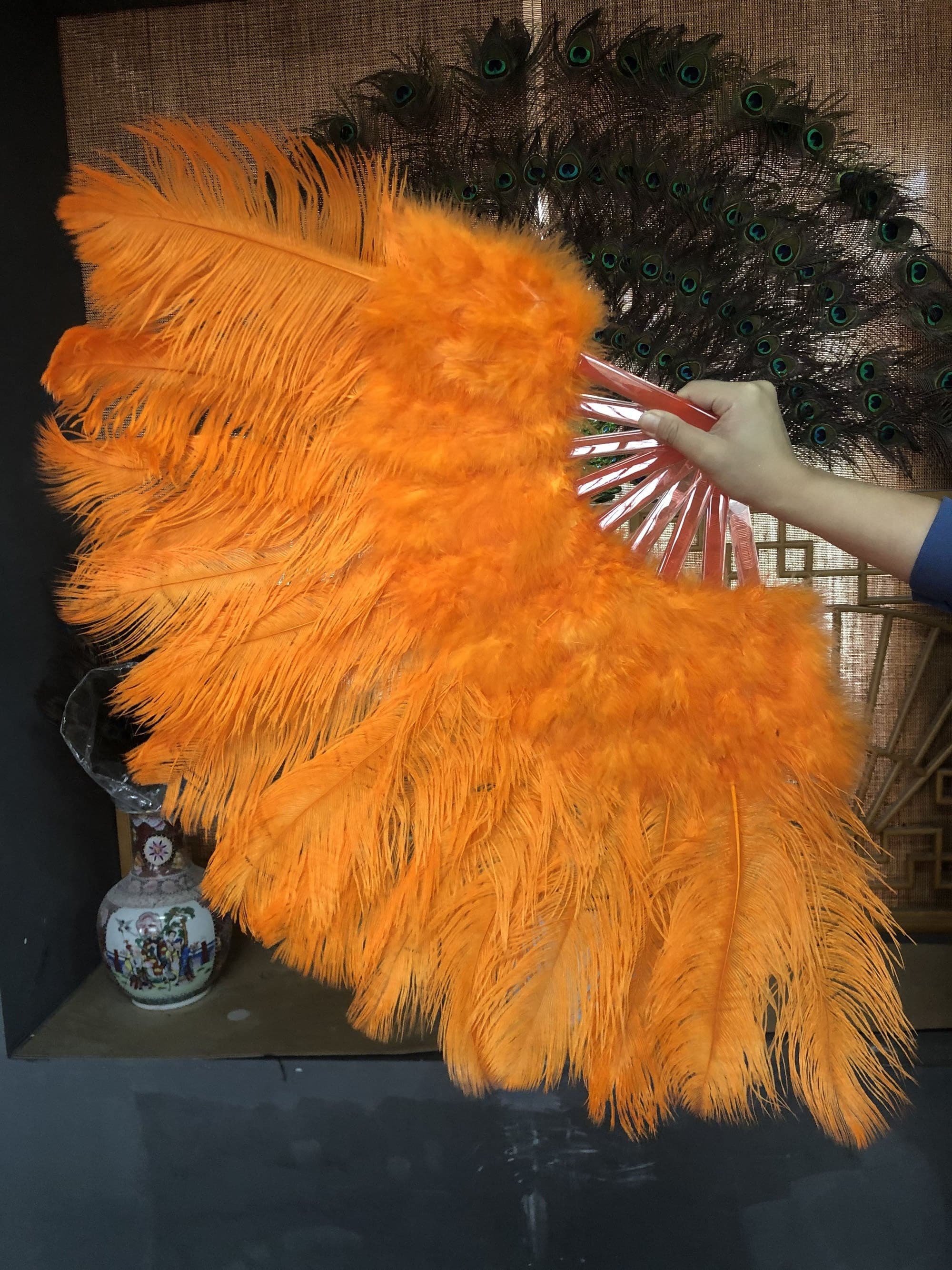 Orange Marabou Ostrich Feather fan 21"x 38" with Travel leather Bag.