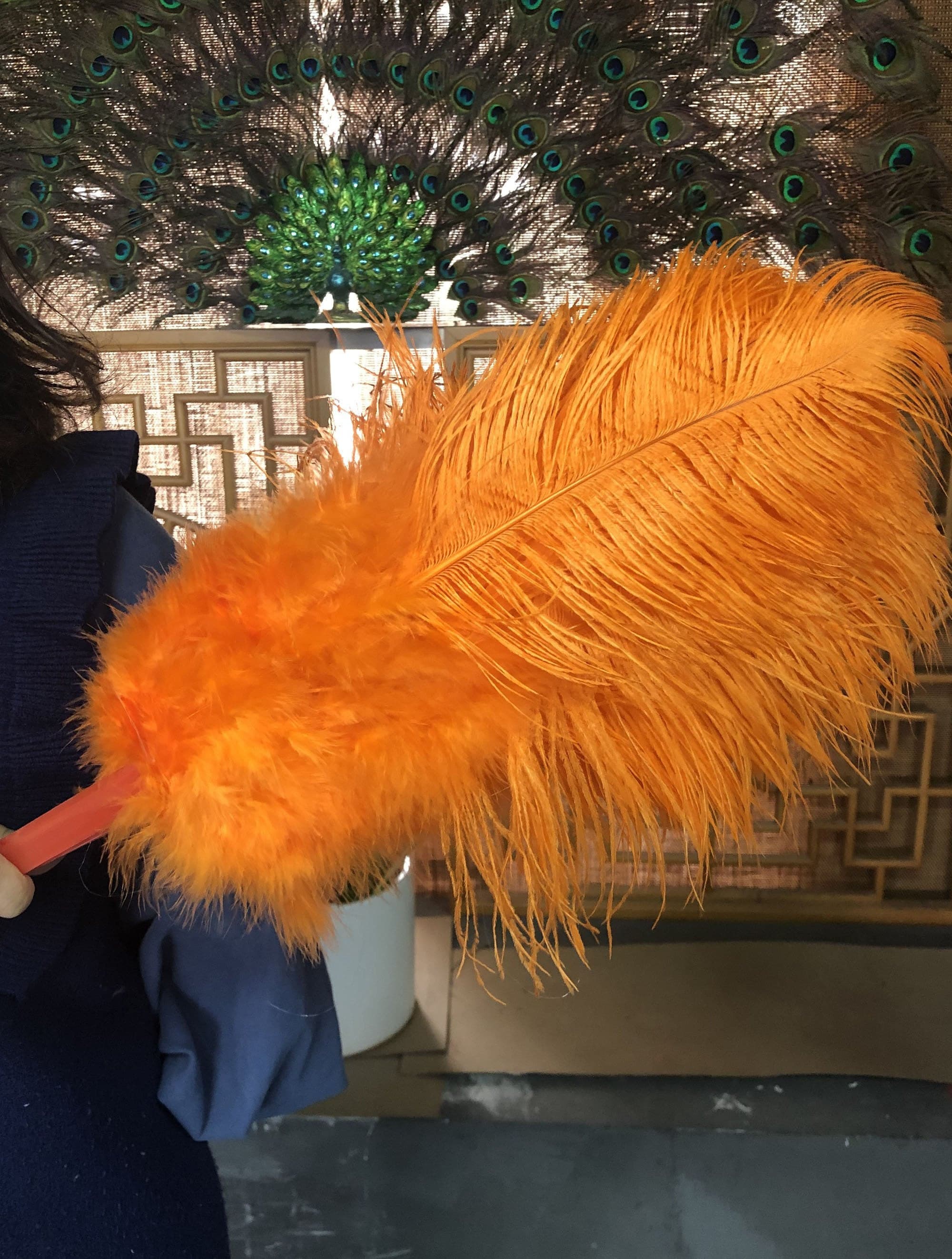 Orange Marabou Ostrich Feather fan 21"x 38" with Travel leather Bag.