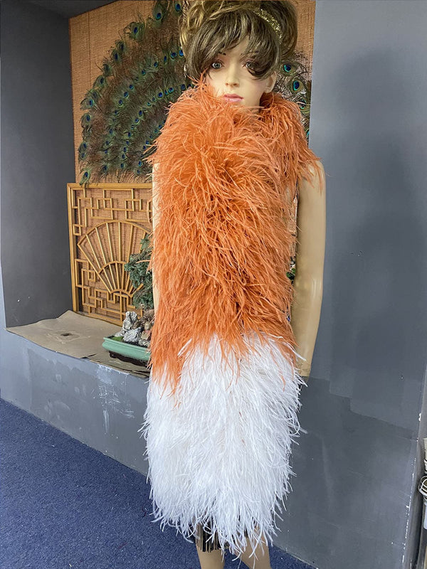 Boa de plumas de avestruz de lujo de 20 capas mezcla de color naranja intenso y blanco 71