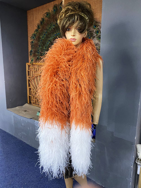 Boa de plumas de avestruz de lujo de 20 capas, mezcla de color naranja intenso y blanco, de 71&quot; (180 cm) de largo.
