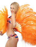 Load image into Gallery viewer, Orange single layer Ostrich Feather Fan with leather travel Bag 25"x 45".
