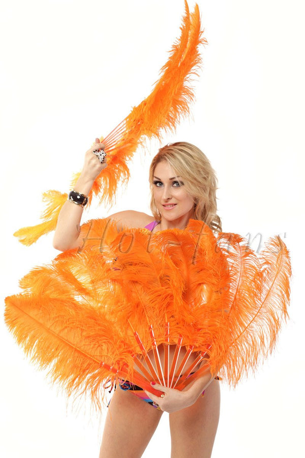 Orange single layer Ostrich Feather Fan with leather travel Bag 25"x 45".