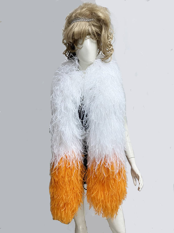 20-lagige Mischung aus Weiß und Orange. Luxus-Straußenfederboa, 71" (180 cm) lang.