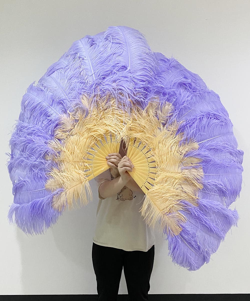 Mix apricot & aqua violet 2 Layers Ostrich Feather Fan 30''x 54'' with Travel leather Bag.