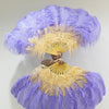 Mezcla de albaricoque y violeta agua Abanico de plumas de avestruz de 2 capas 30''x 54'' con bolsa de viaje de cuero.