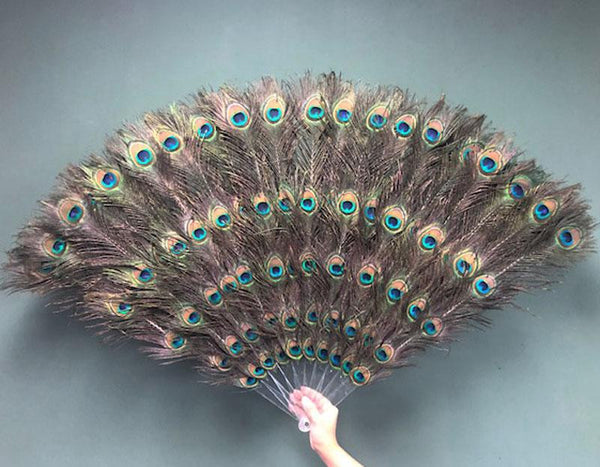 Abanico de plumas de pavo real de doble cara con Bolsa de Viaje de piel.