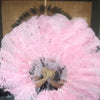 pink single layer Ostrich Feather Fan Full open 180 ° with Travel leather Bag.