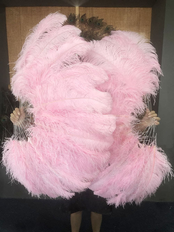 Ventilador de penas de avestruz de camada única rosa totalmente aberto 180 ° com bolsa de couro de viagem.