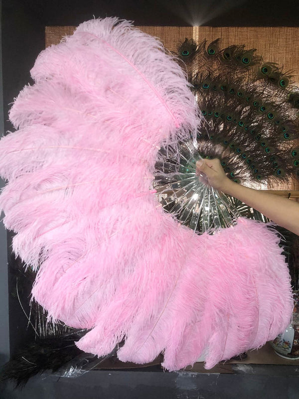 pink single layer Ostrich Feather Fan Full open 180 ° with Travel leather Bag.
