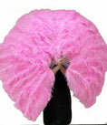 Load image into Gallery viewer, Pink 3 Layers Ostrich Feather Fan Opened 65" with Travel leather Bag.
