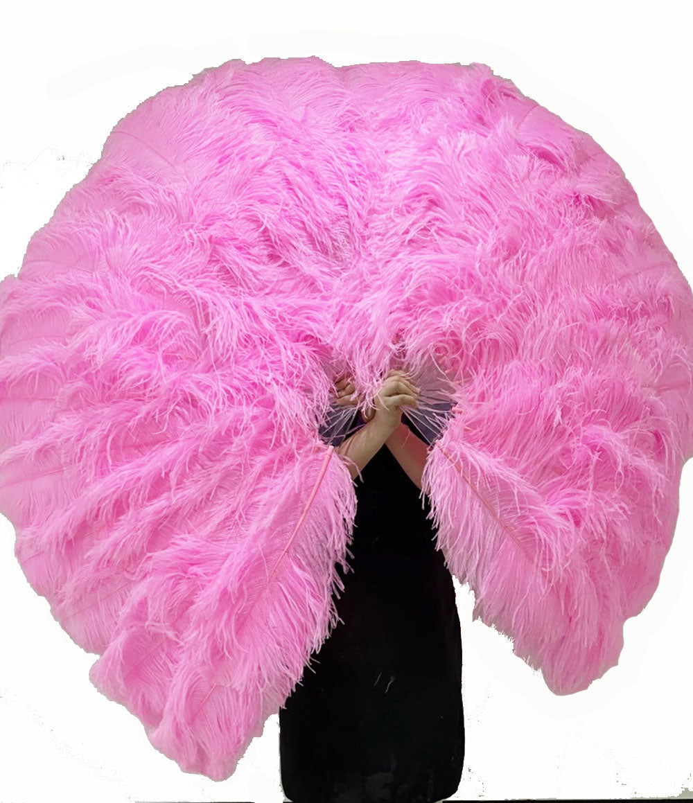 Pink 3 Layers Ostrich Feather Fan Opened 65" with Travel leather Bag.