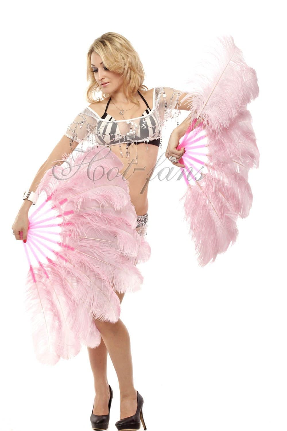 A pair pink Single layer Ostrich Feather fan 24"x 41" with leather travel Bag - hotfans