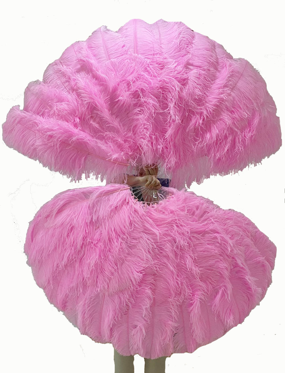 Pink 3 Layers Ostrich Feather Fan Opened 65" with Travel leather Bag.