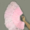 Abanico de plumas de avestruz marabú rosa 21 "x 38" con bolsa de viaje de cuero.
