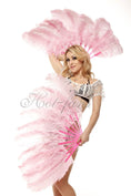 Load image into Gallery viewer, A pair pink Single layer Ostrich Feather fan 24"x 41" with leather travel Bag.
