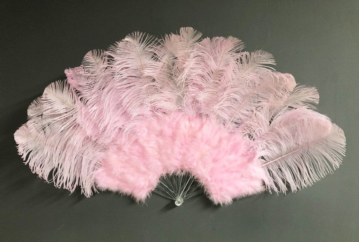 pink Marabou Ostrich Feather fan 21"x 38" with Travel leather Bag.