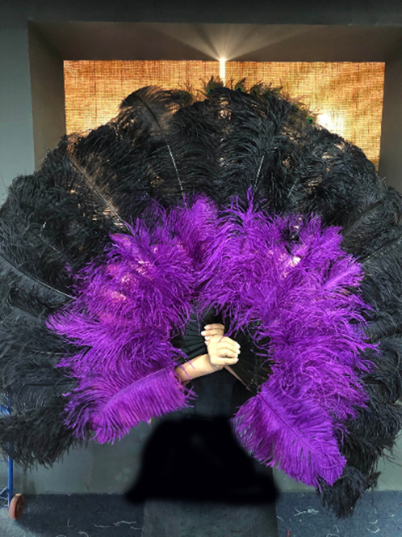 Mix black & dark purple XL 2 Layer Ostrich Feather Fan 34 x 60 with Travel leather Bag b.