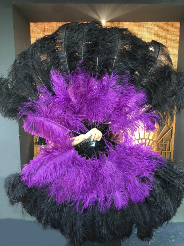 Abanico de plumas de avestruz de 2 capas XL, negro y morado oscuro, 34 x 60 con bolsa de viaje de cuero b.