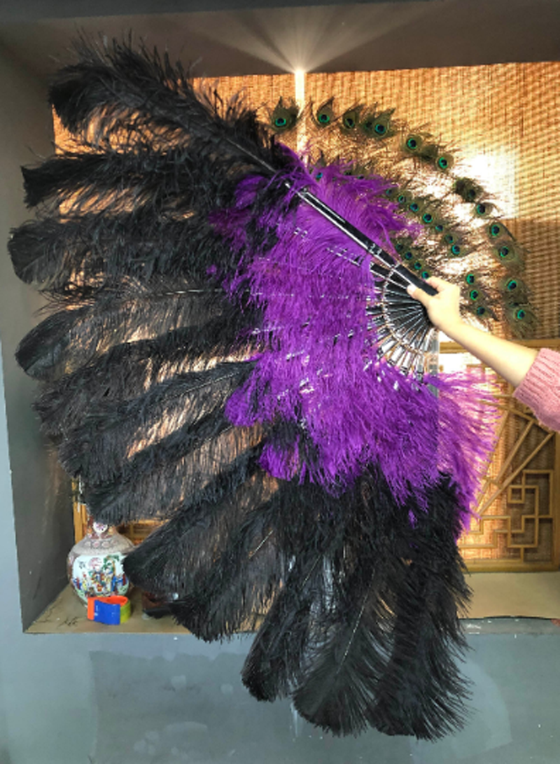 Mix black & dark purple XL 2 Layer Ostrich Feather Fan 34 x 60 with Travel leather Bag b.