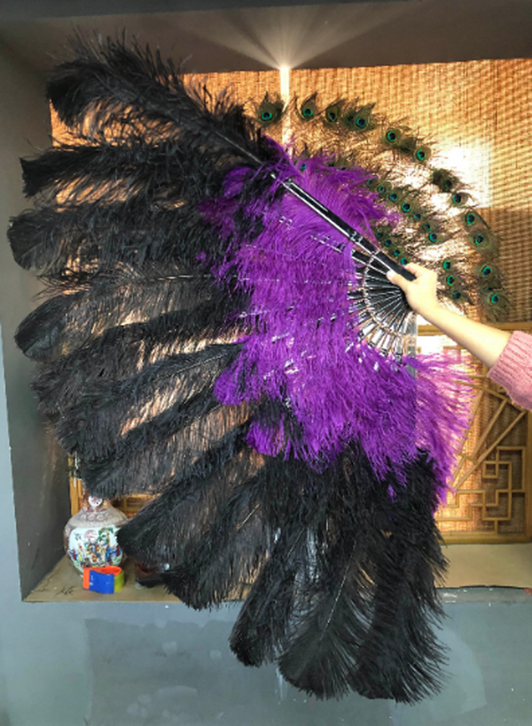 Abanico de plumas de avestruz de 2 capas XL, negro y morado oscuro, 34 x 60 con bolsa de viaje de cuero b.