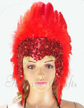 Load image into Gallery viewer, Red feather sequins crown las vegas dancer showgirl headgear headdress.
