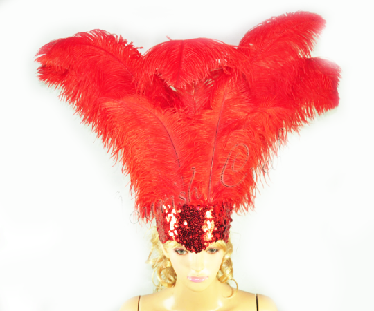 Red Showgirl Open Face Ostrich feather Headdress.