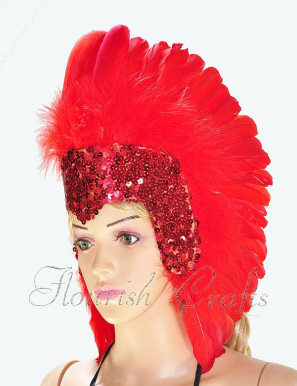 Red feather sequins crown las vegas dancer showgirl headgear headdress.