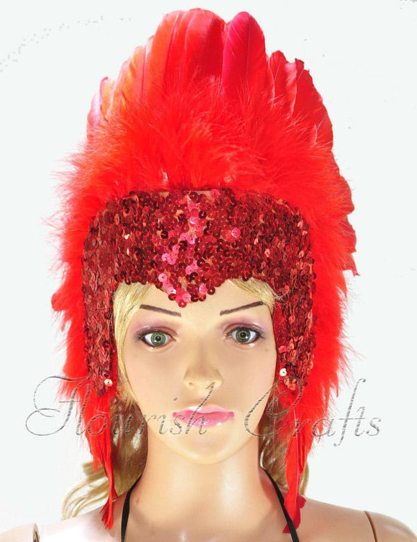 Corona de lentejuelas de plumas rojas tocado de tocado de bailarina corista de las vegas.