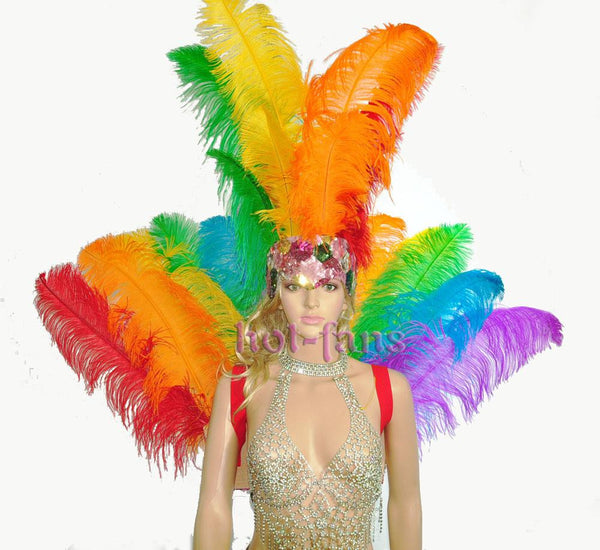 Rainbow Ostrich Feather Open Face Headdress & Backpiece Set.