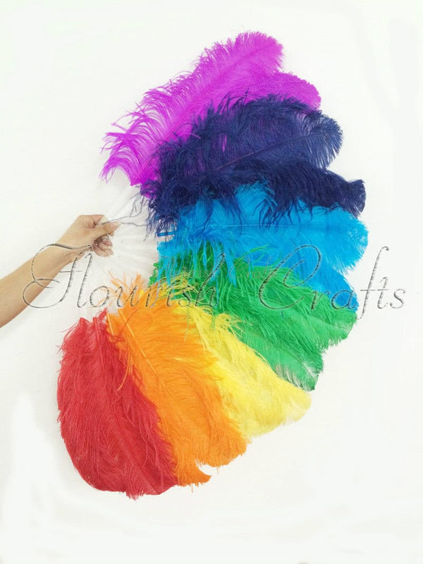 Abanico de plumas de avestruz de una sola capa arcoíris Apertura completa 180 ° con bolsa de cuero de viaje.