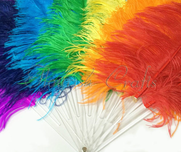 Enkelt lag regnbue struds fjer Fan Fuld åben 180 ° med rejse læder taske.