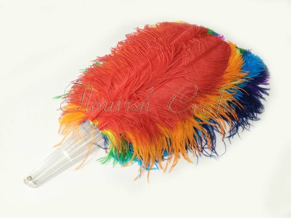 Rainbow single layer Ostrich Feather Fan Full open 180 ° with Travel leather Bag.