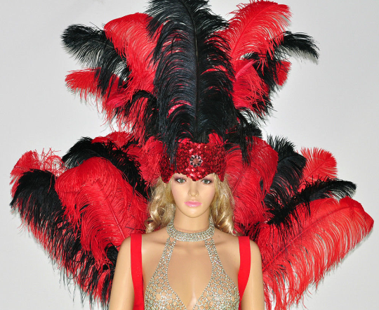 Red & black Ostrich Feather Open Face Headdress & backpiece Set.